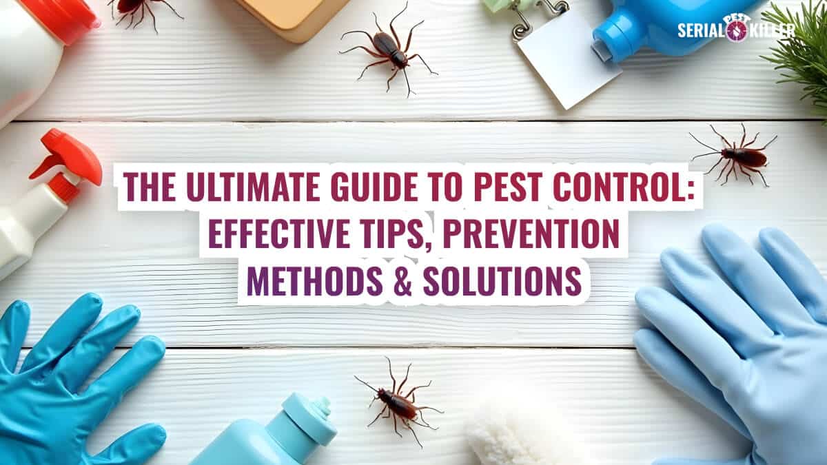 Flat lay of pest control tools, gloves, and cockroaches with text "The Ultimate Guide to Pest Control: Effective Tips, Prevention Methods & Solutions"